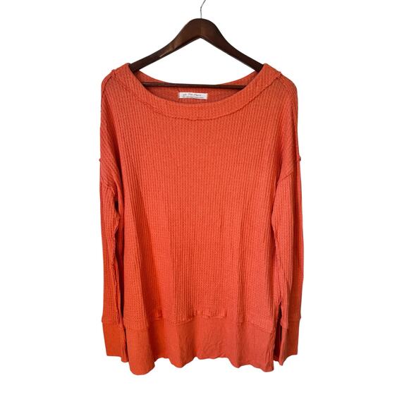 FREE PEOPLE North Shore Thermal Tunic Top Size Small Corral Orange Waffle Knit - Picture 2 of 11
